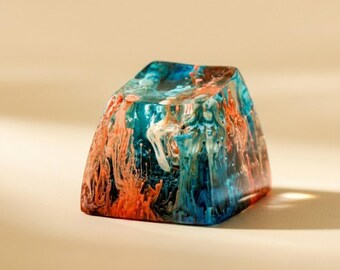 Copritasto artigianale blu arancione, copritasto in resina con paesaggio astratto, decorazione personalizzata per tastiera meccanica, regalo per gamer