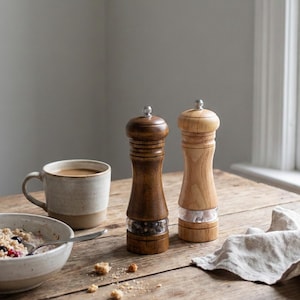 Puede incluir: Dos molinillos de sal y pimienta de madera, uno marrón oscuro y otro de madera clara, sobre una mesa de madera. Un cuenco de avena con bayas, una taza de café y una cuchara también están sobre la mesa. Los molinillos tienen una sección de vidrio transparente.