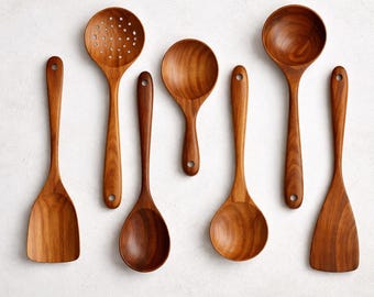Teak Wood Cooking Utensil Set | Natural Wooden Spoon & Turner Set | Handmade Heat-Resistant Kitchen Tools