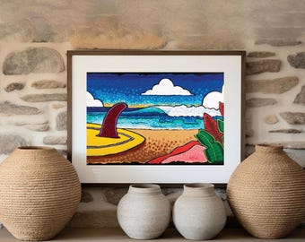 Modern Coastal Art Print: Surfboard Beach Wave Illustration (Digital Download)