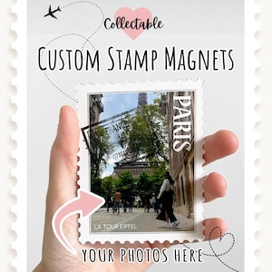 May include: A custom stamp magnet featuring a photo of the Eiffel Tower in Paris. The magnet is held by a hand and has the text "CUSTOM STAMP MAGNETS" and "YOUR PHOTOS HERE". The magnet is designed to look like a postage stamp.