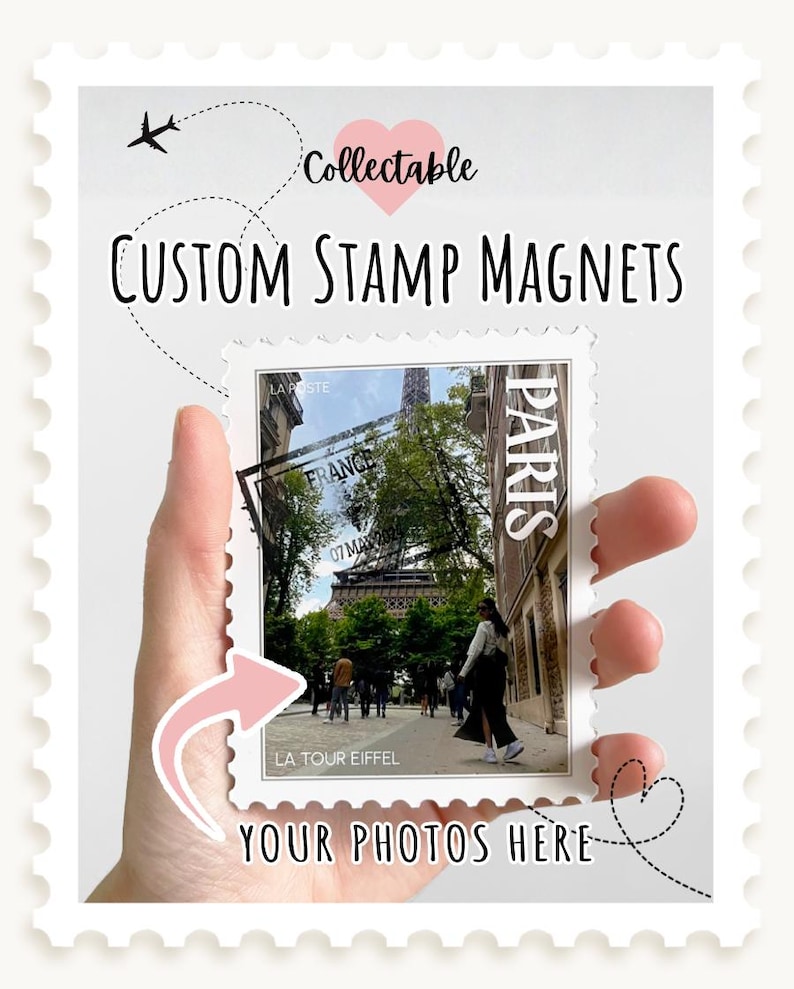 May include: A custom stamp magnet featuring a photo of the Eiffel Tower in Paris. The magnet is held by a hand and has the text "CUSTOM STAMP MAGNETS" and "YOUR PHOTOS HERE". The magnet is designed to look like a postage stamp.