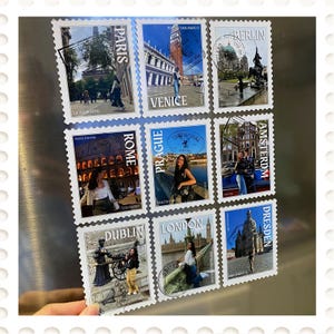 May include: A collection of nine postage stamps featuring travel destinations. Each stamp showcases a different city, including Paris, Venice, Berlin, Rome, Prague, Amsterdam, Dublin, London, and Dresden. The stamps have images of landmarks and people.