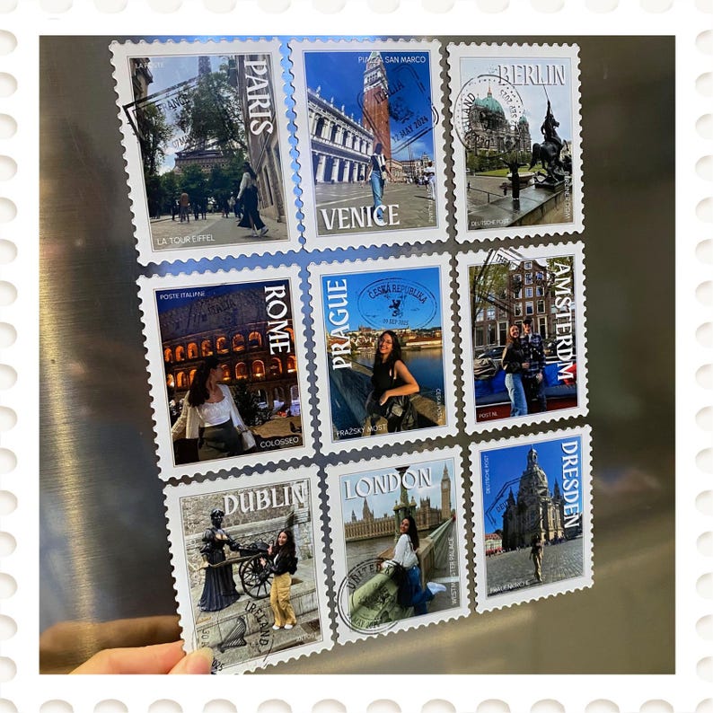 May include: A collection of nine postage stamps featuring travel destinations. Each stamp showcases a different city, including Paris, Venice, Berlin, Rome, Prague, Amsterdam, Dublin, London, and Dresden. The stamps have images of landmarks and people.