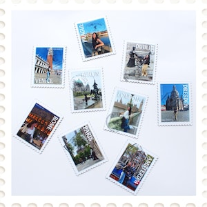 May include: A collection of postage stamps featuring travel destinations. Stamps include images of Venice, Prague, Berlin, London, Rome, Paris, Amsterdam, Dublin, and Dresden. Each stamp has a white border and a scalloped edge.