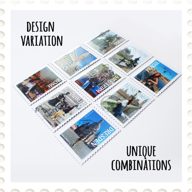 May include: A collection of postage stamps featuring various cityscapes, including Paris, Venice, Rome, Amsterdam, Dublin, London, Prague, and Dresden. The stamps are arranged on a white surface, with the words "DESIGN VARIATION" and "UNIQUE COMBINATIONS" in black text.