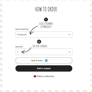 May include: A white graphic with the text "HOW TO ORDER" at the top. Instructions are provided for selecting the number of magnets and the quantity. The image includes a "Buy it now" button and an "Add to basket" button.