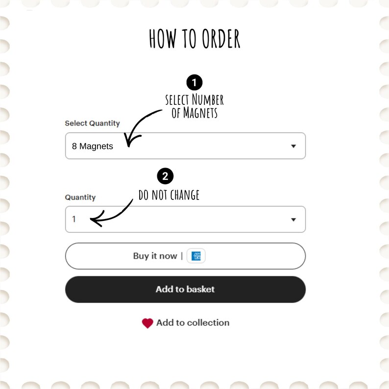 May include: A white graphic with the text "HOW TO ORDER" at the top. Instructions are provided for selecting the number of magnets and the quantity. The image includes a "Buy it now" button and an "Add to basket" button.