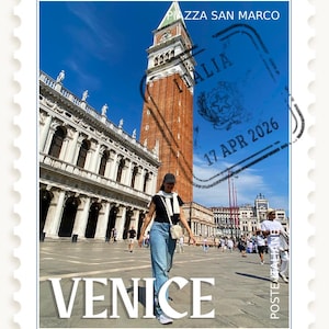 May include: A postage stamp design featuring a photo of Venice, Italy. The image shows a person walking in front of the Piazza San Marco and the Campanile. The stamp has the word "VENICE" in large white letters.