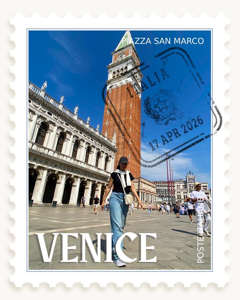 May include: A postage stamp design featuring a photo of Venice, Italy. The image shows a person walking in front of the Piazza San Marco and the Campanile. The stamp has the word "VENICE" in large white letters.