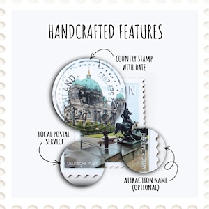 May include: An image with the text "HANDCRAFTED FEATURES" and illustrations of a country stamp with a date, local postal service, and attraction name. The stamp features a building with a green dome and a statue.