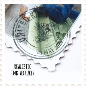 May include: A white, scalloped-edge stamp with a green and black design, featuring the text "UNITED KINGDOM" and "01 MAY 2021". The stamp has a realistic ink texture, with the words "REALISTIC INK TEXTURES" printed below.