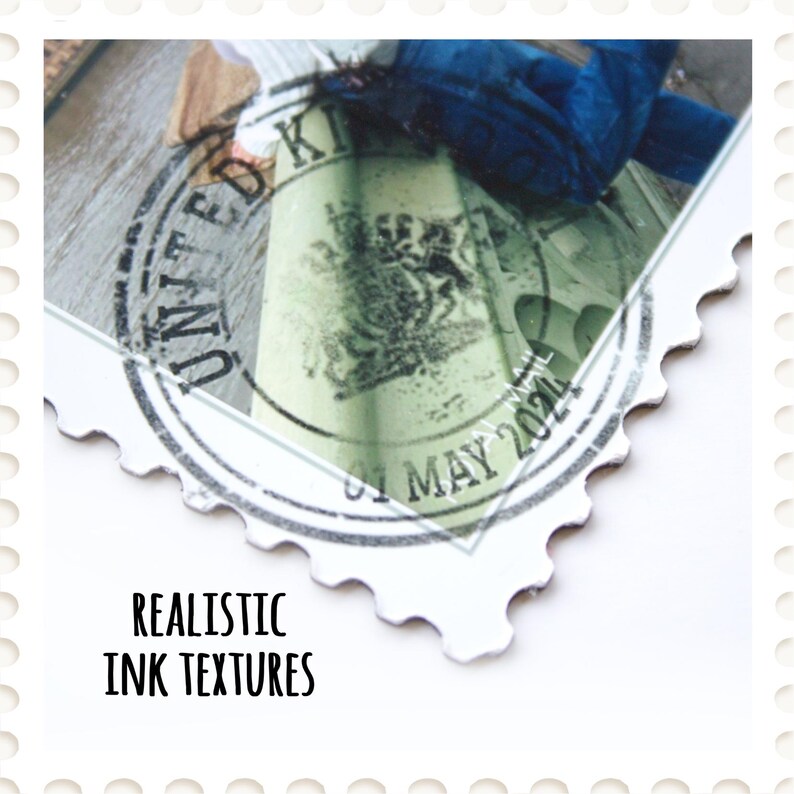 May include: A white, scalloped-edge stamp with a green and black design, featuring the text "UNITED KINGDOM" and "01 MAY 2021". The stamp has a realistic ink texture, with the words "REALISTIC INK TEXTURES" printed below.