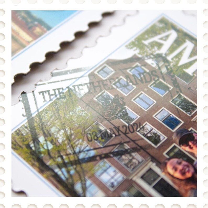 May include: A postage stamp featuring a building in Amsterdam, Netherlands, with the text "THE NETHERLANDS" and "08 MAY 2024". The stamp has a serrated edge and a blurred image of people in the bottom right corner.