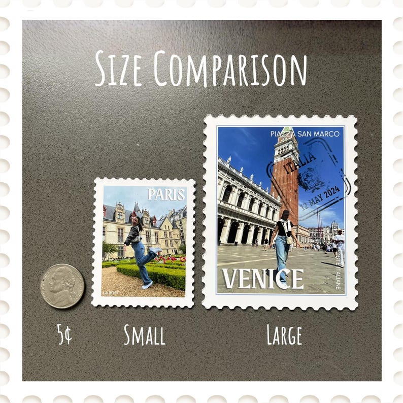 May include: A size comparison image featuring two postage stamps, one labeled "Paris" and the other "Venice." The "Paris" stamp is smaller, and the "Venice" stamp is larger. A 5-cent coin is next to the "Paris" stamp. The text "Size Comparison" is at the top.