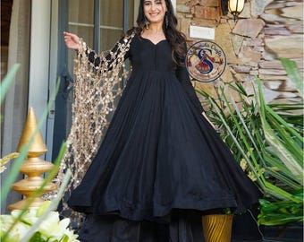 Black & Gold Brocade Anarkali Gown | Indian Festival Dress - Etsy