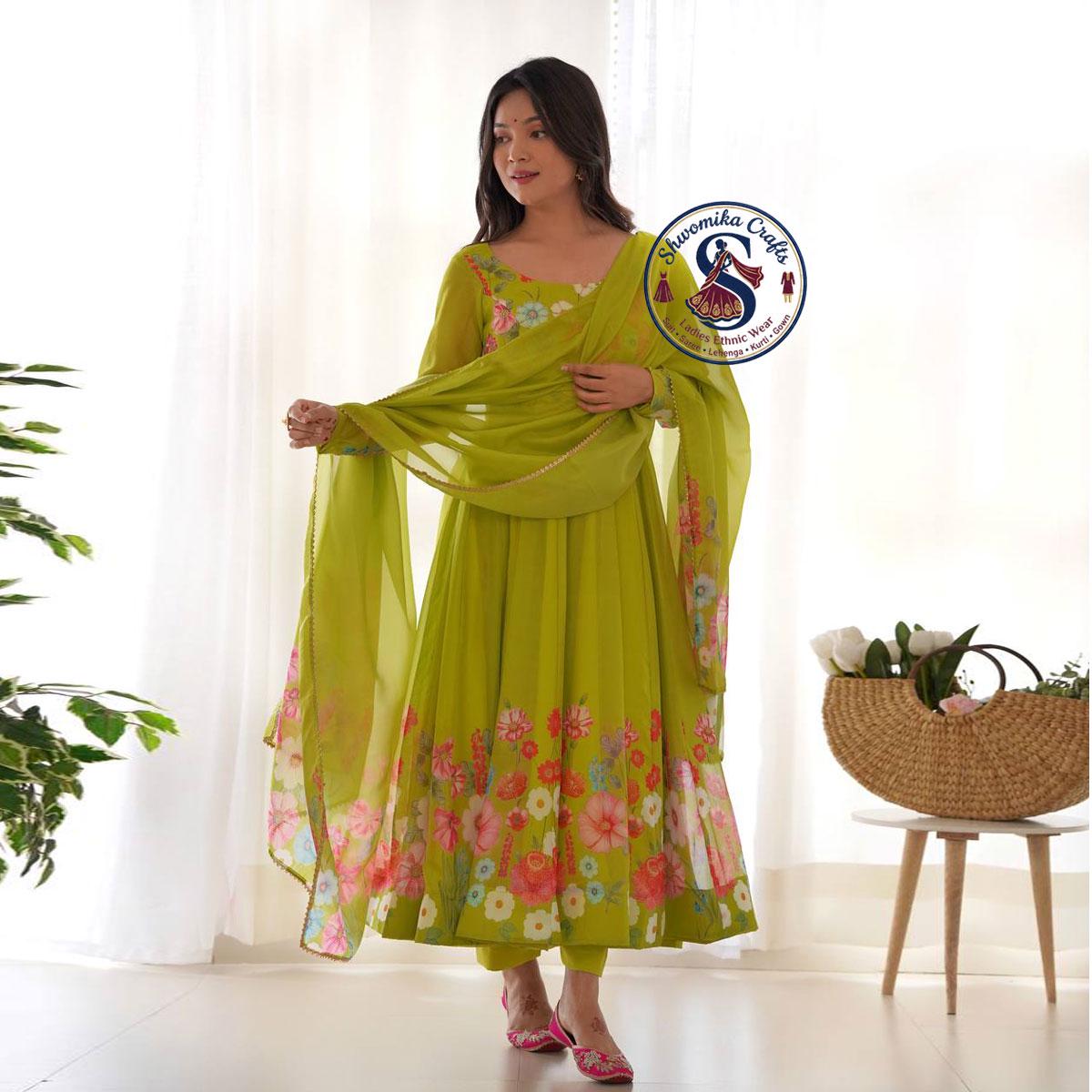 green emerald velvet dress Pistachio Green Anarkali Suit Set With Dupatta – Indianvirasat main image 1