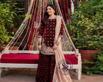 Maroon Velvet Kurti Pant Set | Embroidered Indian Wedding Outfit