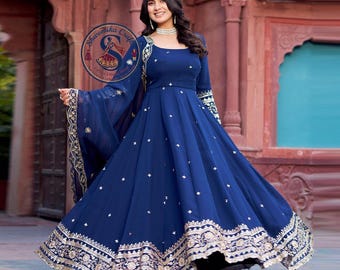 Blue Embroidered Faux Georgette Indian Maxi Dress with Dupatta