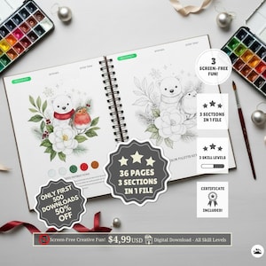 May include: Open sketchbook with polar bear and bird illustrations. The pages are open to show a beginner-level coloring page. Includes text: "36 pages, 3 sections in 1 file", "Screen-Free Creative Fun!" and "Only first 500 downloads 50% off".