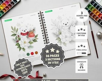 Cuaderno de acuarela navideño / Aprende acuarela / Paso a paso / Libro para colorear para niños y adultos / Pintura para principiantes / 76 páginas / Descarga instantánea