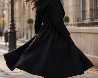 Trench-coat noir en laine pour femme, long manteau évasé ceinturé, élégant manteau d'hiver croisé, vêtement d'extérieur classique long