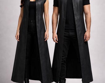 Handmade Black Leather Long Vest | Gothic Sleeveless Duster.