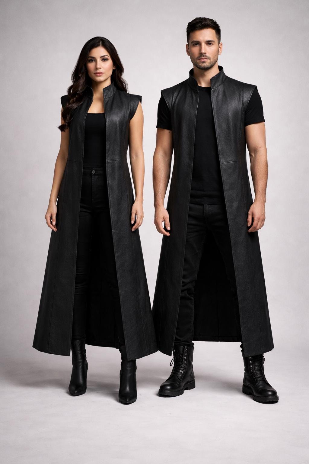 Handmade Black Leather Long Vest Gothic Sleeveless Duster.