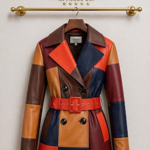 Multicolor Patchwork Leather Trench Coat – Women's Belted Retro Style Handmade Outerwear