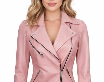 Rosa Kunstleder Bikerjacke, Damen Moto Style Mantel