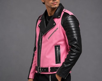 Men's Pink & Black Leather Biker Jacket – Punk Rock Moto Style Handmade