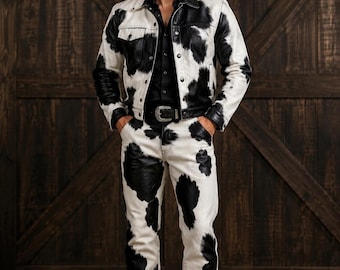 Ensemble de cowboy pour homme avec imprimé vache synthétique | Veste, pantalon et chapeau western | Costume de rodéo