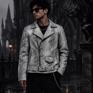 Men's White Snakeskin Leather Biker Jacket – Python Print Moto Coat Streetwear Style