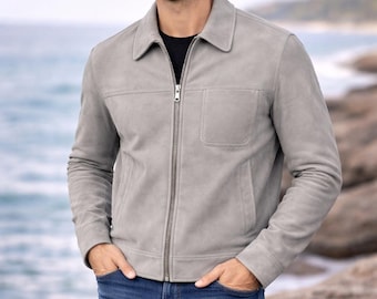 Giacca in pelle scamosciata di capra da uomo – Giacca casual in pelle con cerniera frontale