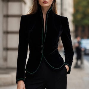Op de afbeelding: Een zwarte fluwelen blazer met een hoge opstaande kraag, lange mouwen en twee knopen aan de voorzijde. Het kledingstuk is afgewerkt met een dunne groene bies langs de randen van de kraag, de opening aan de voorzijde, de zoom en de mouwboorden.