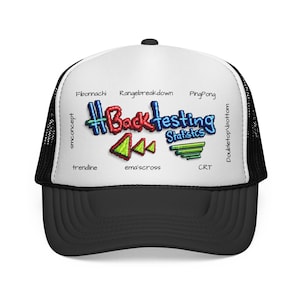 May include: A black and white trucker hat with a curved brim. The front panel is white and features the text "#Backtesting Statistics" in a colorful, pixelated design, along with other technical terms. The hat has a mesh back.