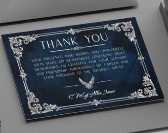 Modello di biglietto di ringraziamento per il pensionamento nell'Aeronautica Militare / Elegante biglietto di ringraziamento per gli ospiti in blu e argento