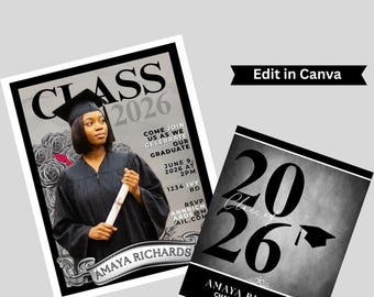 2026 Graduation Magazine | Graduation Keepsake | Set of 2 Editable Templates (Black/White)