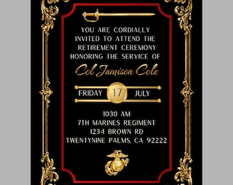 Modello di invito per il pensionamento dei Marine Corps / Cerimonia USMC in nero, oro e rosso (download digitale)