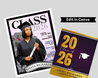 2026 Graduation Magazine | Graduation Keepsake | Set of 2 Editable Templates (Purple/Gold)