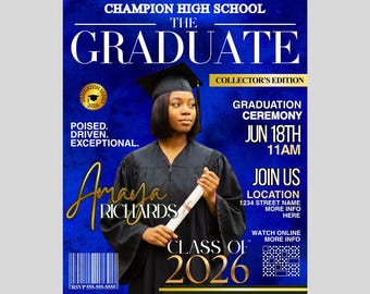 2026 Graduation Magazine | Graduation Keepsake | Set of 2 Editable Templates (Blue/Gold)