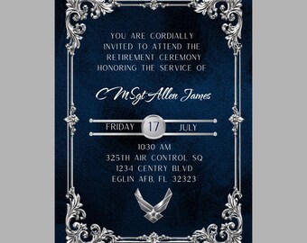 Air Force Retirement Invitation | Formal Ceremony Announcement | Blue and Silver Military Ceremony Invite
