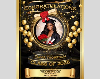 Black & Gold Graduation Invitation Template Set of 2 | Luxury Senior Announcement 2026 | Editable Invite