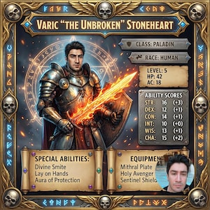 Custom DnD Character Sheet Portrait | Personalized RPG Stat Card | Fantasy Illustration | D&D Gift