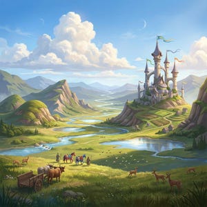 Pode incluir: Pintura digital de uma paisagem de fantasia com um castelo no topo de uma colina. A cena inclui um rio sinuoso, colinas verdes e um céu azul com nuvens brancas. Veados pastam em primeiro plano, e há figuras com cavalos e uma carroça.