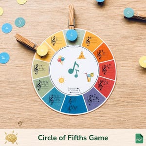 Peut inclure: Un jeu coloré du cercle des quintes avec des notes et symboles musicaux. Le design circulaire présente des segments de différentes couleurs, chacun avec une armure. Comprend des pinces à linge en bois et des pièces de jeu circulaires. Le texte "Circle of Fifths Game" est en bas.