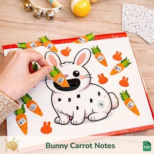 Peut inclure: Un tableau blanc illustré d'un lapin de dessin animé avec des taches noires et une bouche ouverte noire. Le tableau est décoré de découpes de carottes orange, chacune affichant un symbole de note de musique, et de petites formes de tête de lapin.