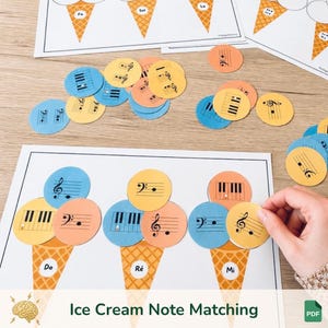 Può includere: Gioco educativo a tema musicale e gelato. L'immagine mostra cerchi colorati con note musicali e tasti di pianoforte, progettati per abbinarsi a modelli di coni gelato. Il testo "Ice Cream Note Matching" è visibile.