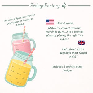 May include: An educational graphic with the text "PedagoFactory" and musical notes. It includes two cocktail glass designs with dynamic markings, a dynamics chart, and the text "How it works". The image is in English and French.