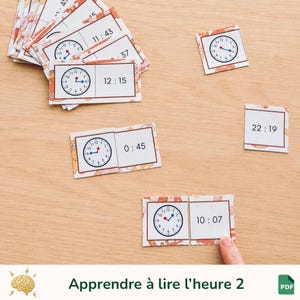May include: A set of educational matching cards for learning to tell time, featuring rectangular pieces with analog clock faces on one side and corresponding digital time displays on the other, including times like 12:15, 0:45, 10:07, and 22:19.